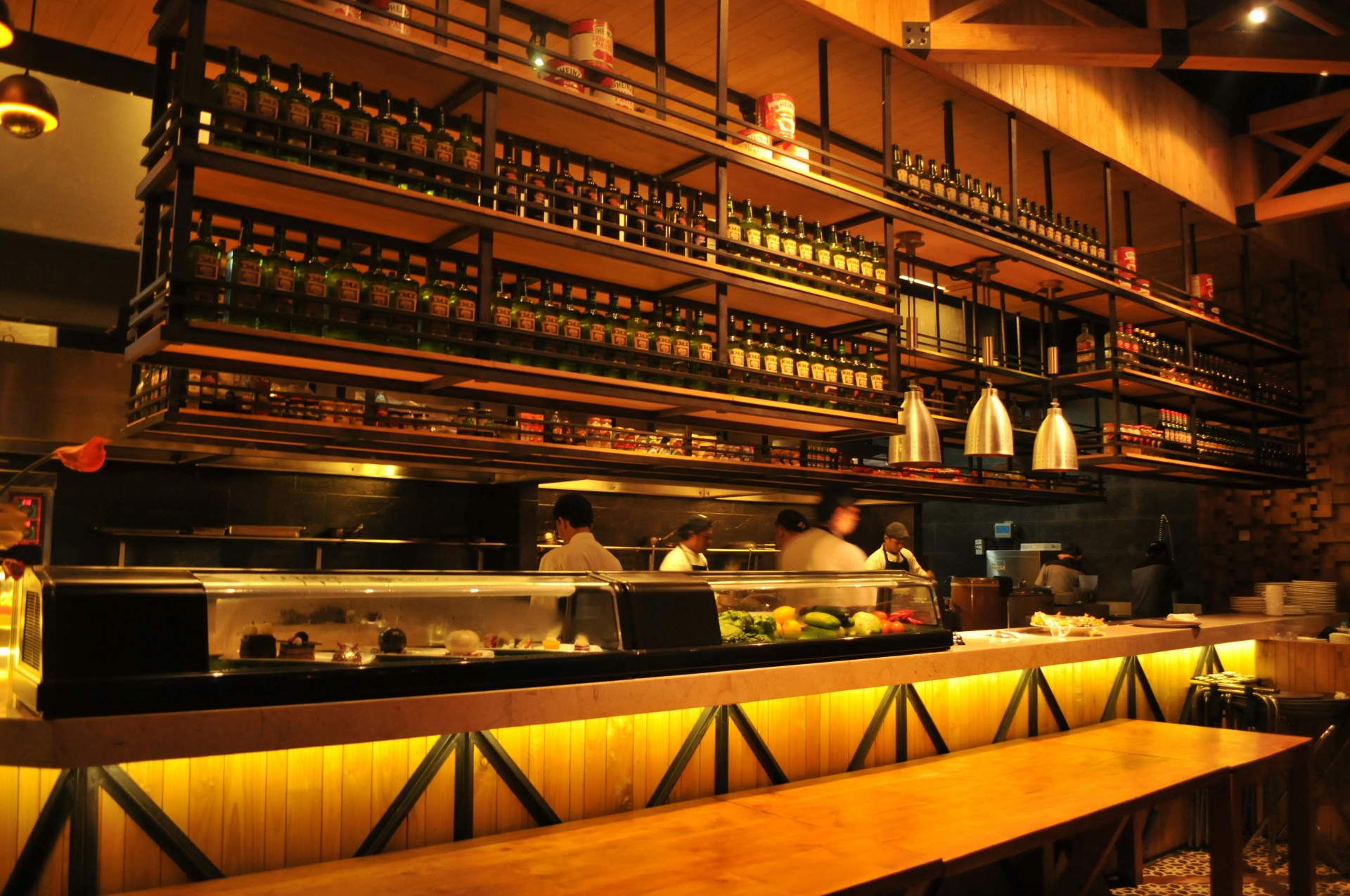 Restaurant interior with open kitchen